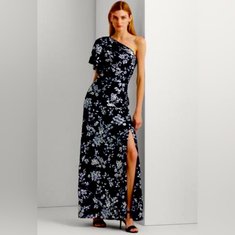Glam Lauren Ralph Lauren Floral Print One Shoulder Gown, Size 16
